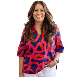 Lesley Evers Brooklyn Top Small Ribbon Navy Pink Short Sleeve Blouse New W/ Tags